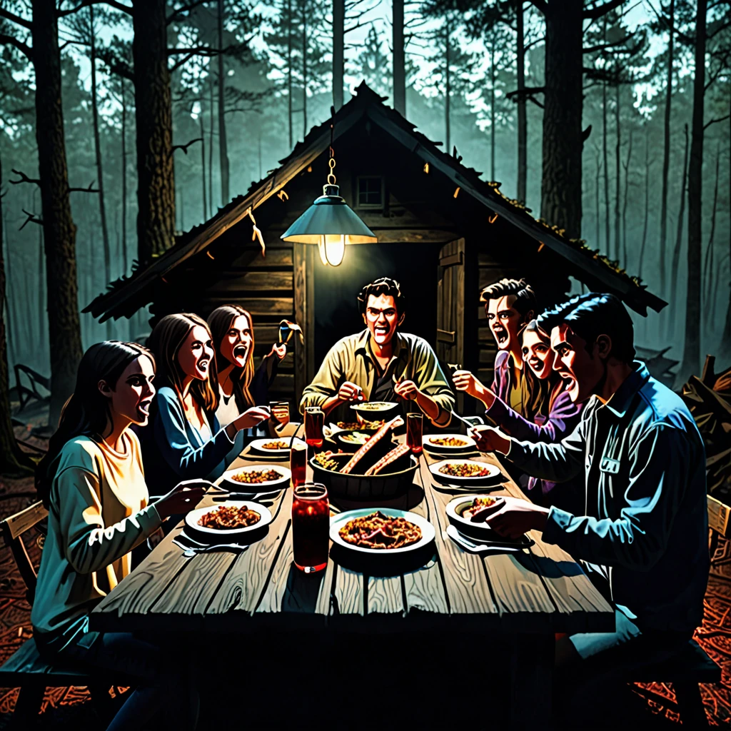 Young people in a dark cabin in the middle of a forest haunted by demons like The Evil Dead atmosphere. Eating a dinner in a table