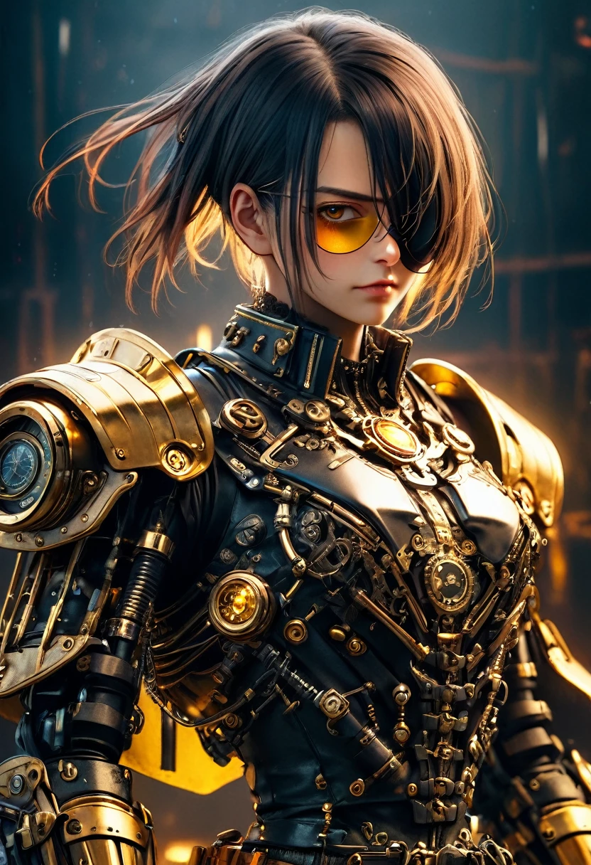 a cyberpunk pirate robot with glowing golden eyes, (Single eye patch:1.3), highly detailed mechanical body, intricate metal armor, leather outfit, steampunk accessories, dramatic lighting, moody dark background, hyper detailed, 8k, photorealistic, cinematic, dramatic lighting, dynamic pose