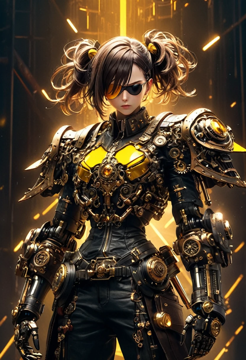 a cyberpunk pirate robot with glowing golden eyes, (Single eye patch:1.3), highly detailed mechanical body, intricate metal armor, leather outfit, steampunk accessories, dramatic lighting, moody dark background, hyper detailed, 8k, photorealistic, cinematic, dramatic lighting, dynamic pose
