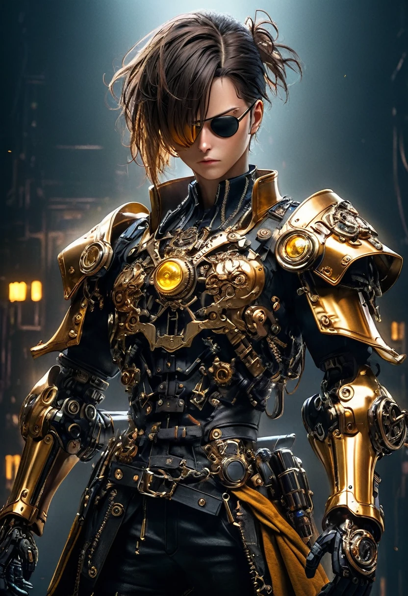 a cyberpunk pirate robot with glowing golden eyes, (Single eye patch:1.3), highly detailed mechanical body, intricate metal armor, leather outfit, steampunk accessories, dramatic lighting, moody dark background, hyper detailed, 8k, photorealistic, cinematic, dramatic lighting, dynamic pose