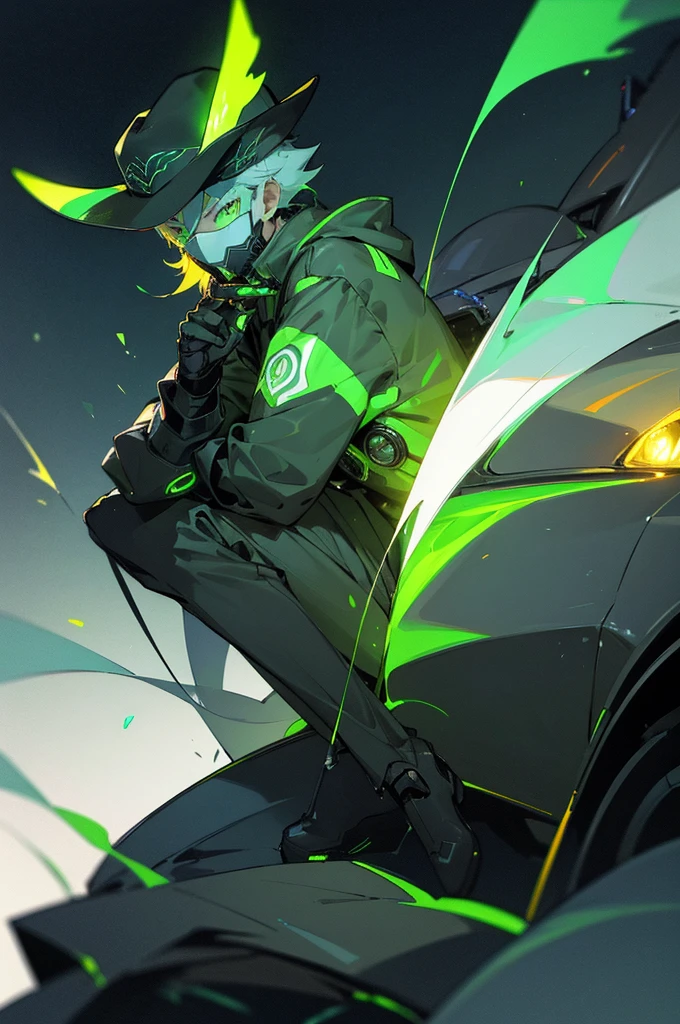 landscape photograph of a boy sitting on a car hood with lighting from the background, however the scene is in black and white except for the flames of the campfire the boy is wearing a cybernetic suit with rays and green neon lights being emitted while wearing a hat black hunter and a mask that has an owl printed on it covering his entire face
