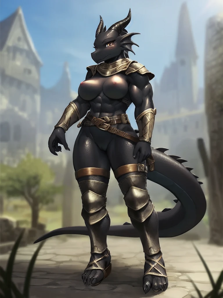 solo, kemono, (dragon), anthro, female, ((black body)), scales, tail, muscles, medium breasts beautiful feet, medieval armor, medieval, fantasy, outdoors, outside, toe claws, strap leather sandals, leg guards, epic, depth of field, perfect lighting,(best quality),(masterpiece),(ultra detailed)