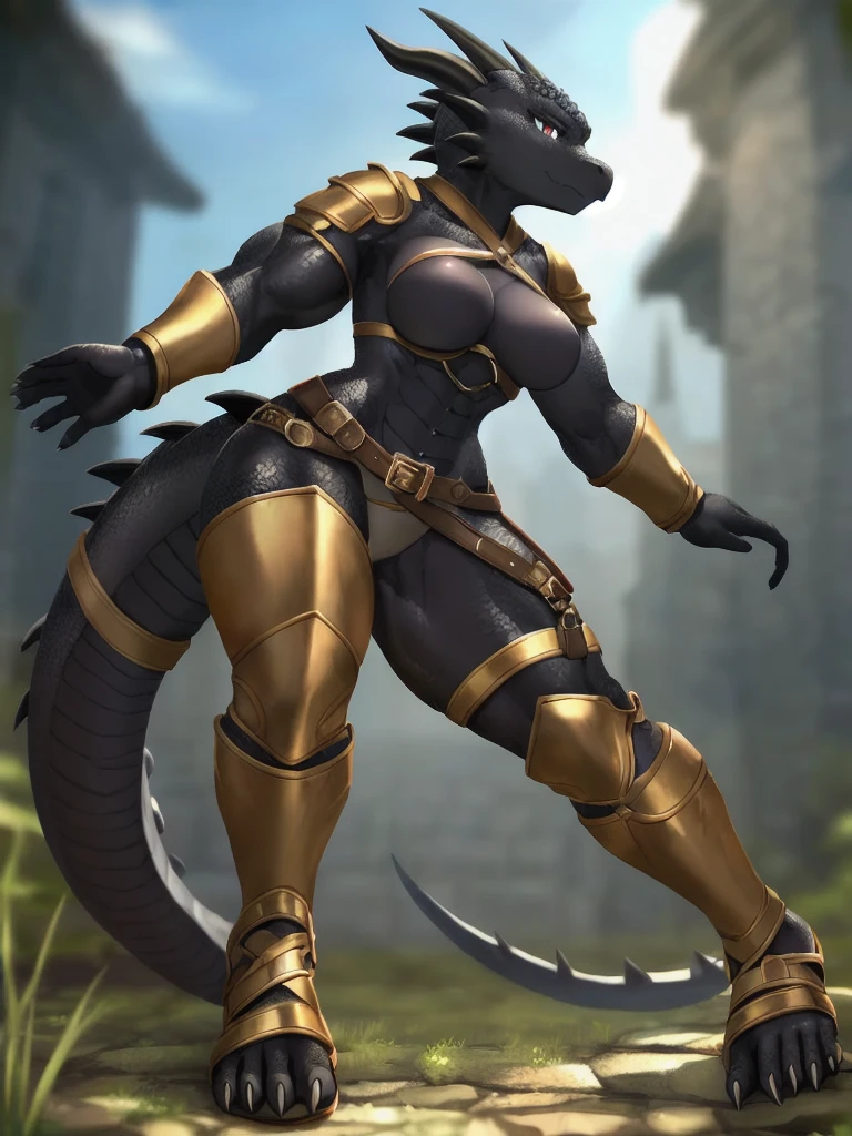 solo, kemono, (dragon), anthro, female, ((black body)), scales, tail, muscles, medium breasts beautiful feet, medieval armor, medieval, fantasy, outdoors, outside, toe claws, strap leather sandals, leg guards, epic, depth of field, perfect lighting,(best quality),(masterpiece),(ultra detailed)