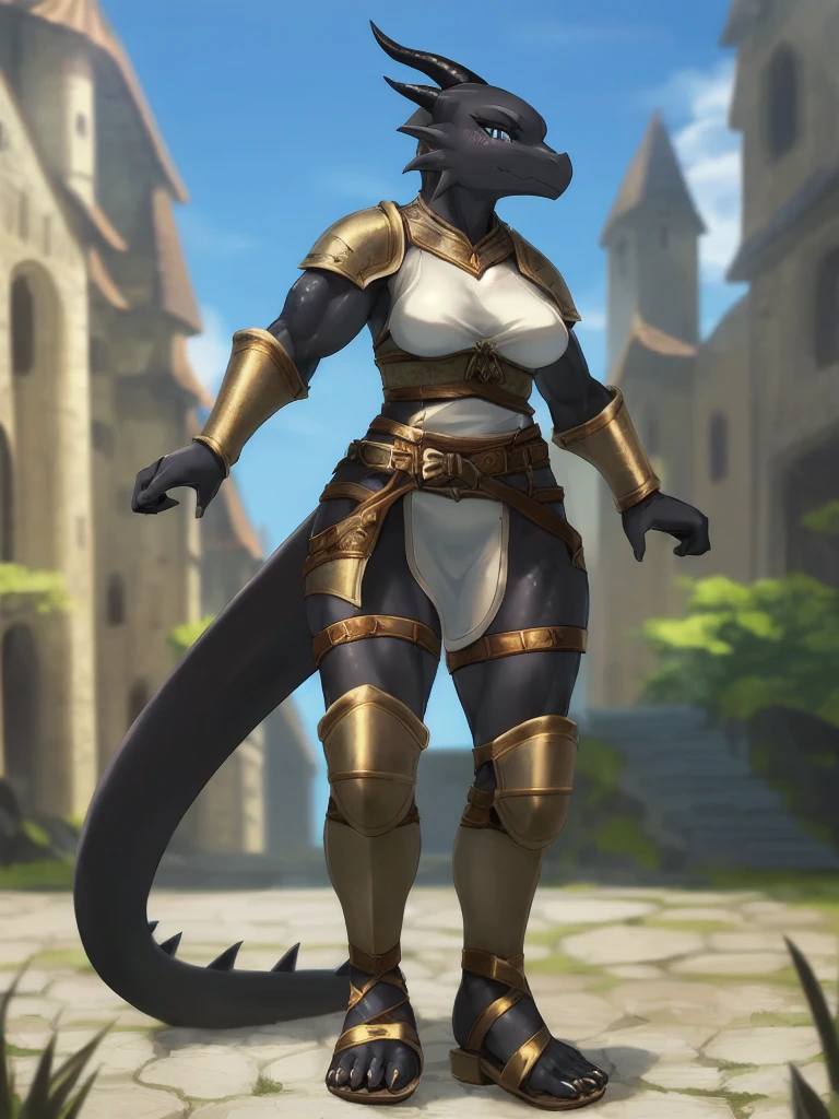 solo, kemono, (dragon), anthro, female, ((black body)), scales, tail, muscles, medium breasts beautiful feet, medieval armor, medieval, fantasy, outdoors, outside, toe claws, strap leather sandals, leg guards, epic, depth of field, perfect lighting,(best quality),(masterpiece),(ultra detailed)