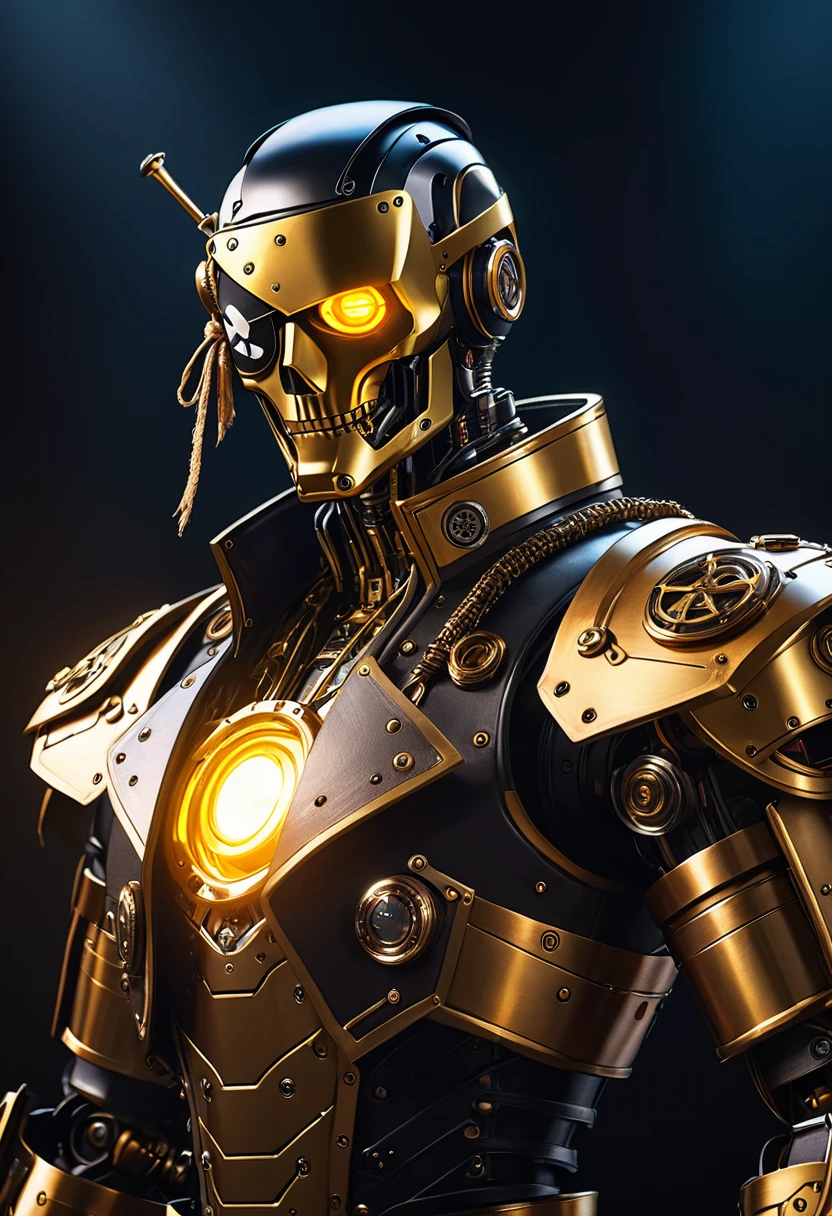 a cyberpunk pirate robot with glowing golden eyes, (Single eye patch:1.3), highly detailed mechanical body, intricate metal armor, leather outfit, steampunk accessories, dramatic lighting, moody dark background, hyper detailed, 8k, photorealistic, cinematic, dramatic lighting, dynamic pose