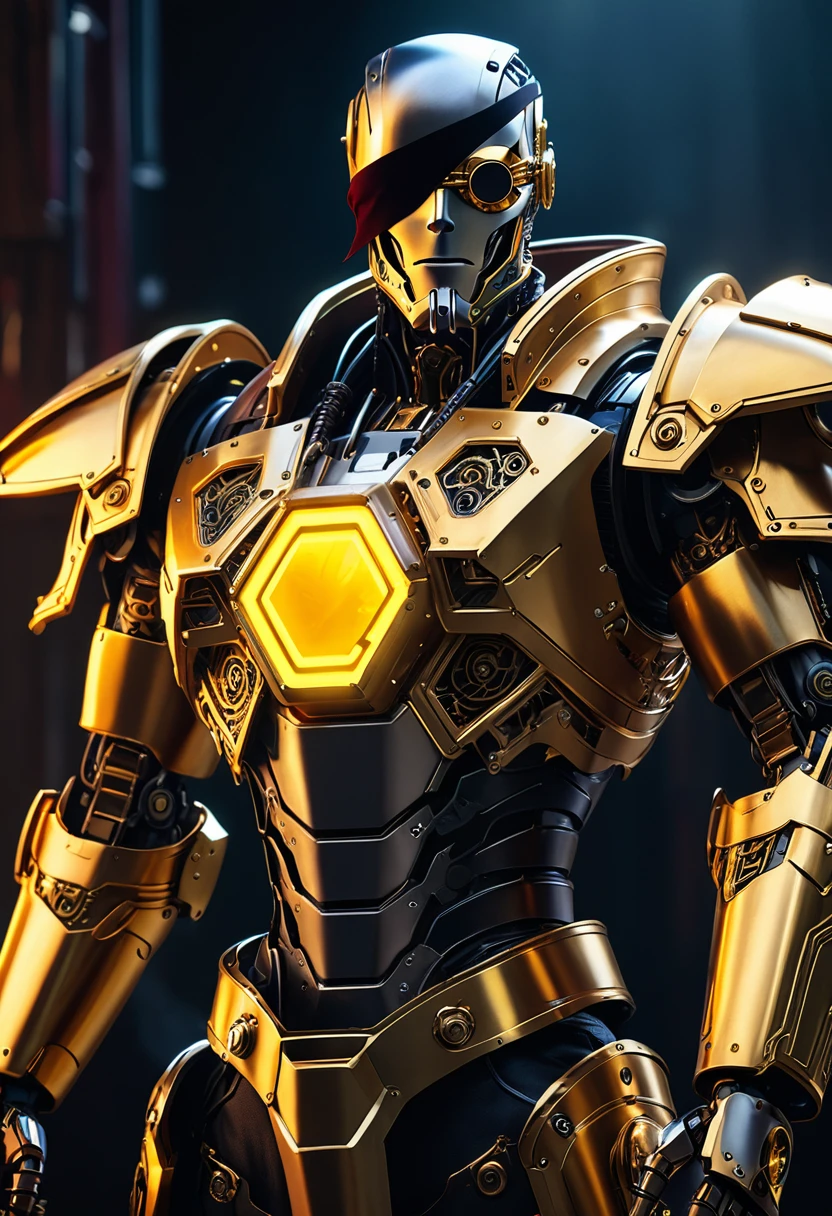 a cyberpunk pirate robot with glowing golden eyes, (Single eye patch:1.3), highly detailed mechanical body, intricate metal armor, leather outfit, steampunk accessories, dramatic lighting, moody dark background, hyper detailed, 8k, photorealistic, cinematic, dramatic lighting, dynamic pose