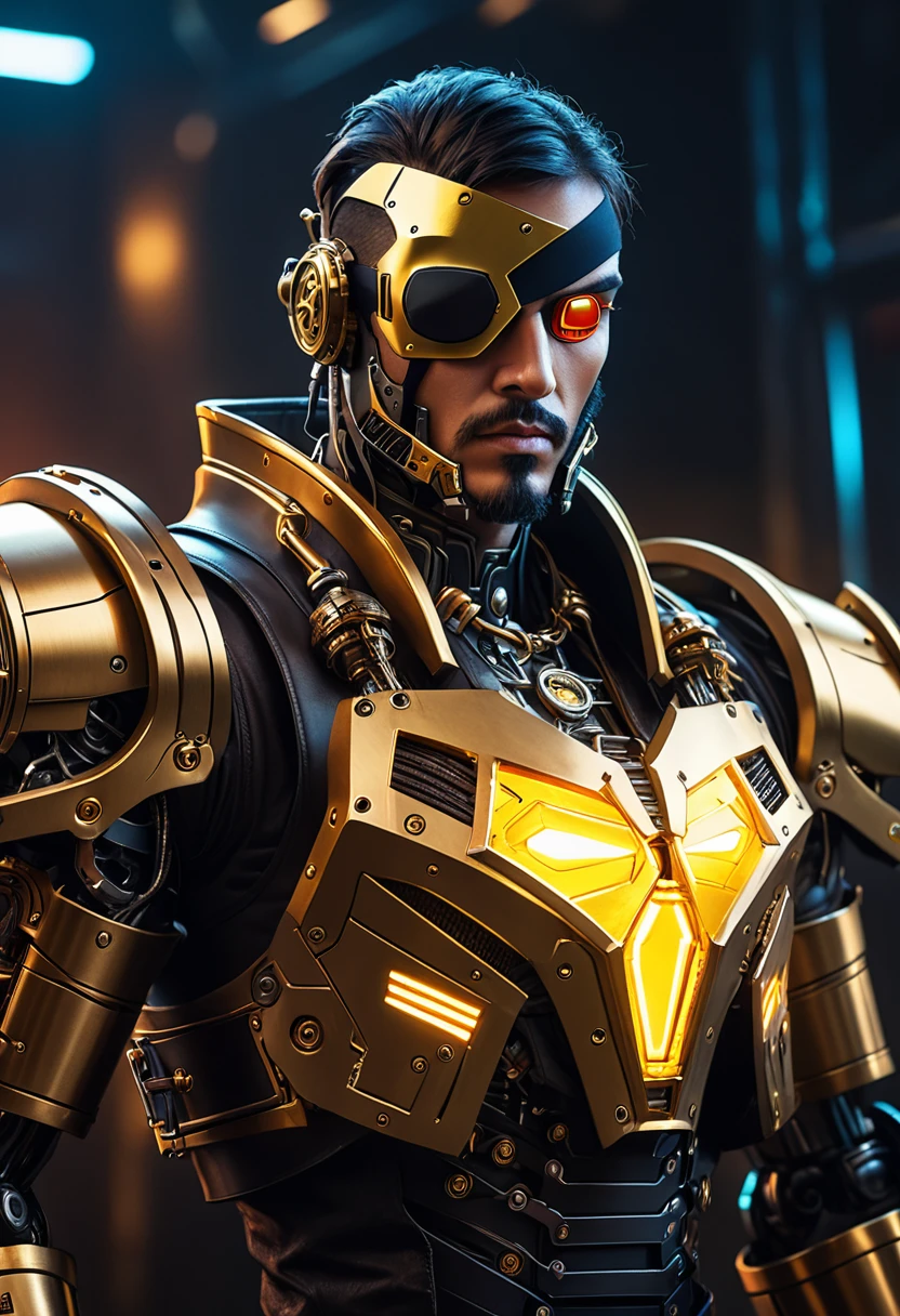 a cyberpunk pirate robot with glowing golden eyes, (Single eye patch:1.3), highly detailed mechanical body, intricate metal armor, leather outfit, steampunk accessories, dramatic lighting, moody dark background, hyper detailed, 8k, photorealistic, cinematic, dramatic lighting, dynamic pose
