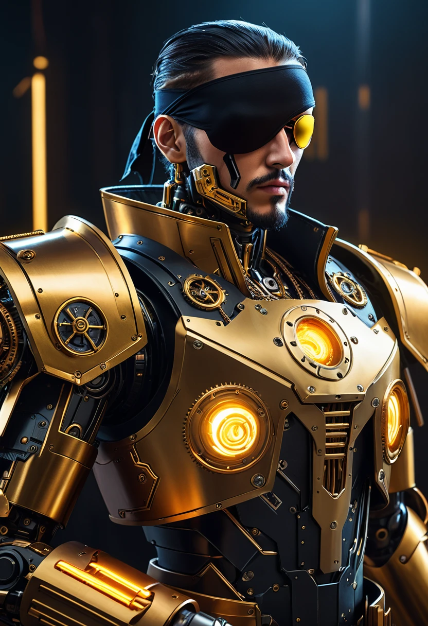a cyberpunk pirate robot with glowing golden eyes, (Single eye patch:1.3), highly detailed mechanical body, intricate metal armor, leather outfit, steampunk accessories, dramatic lighting, moody dark background, hyper detailed, 8k, photorealistic, cinematic, dramatic lighting, dynamic pose