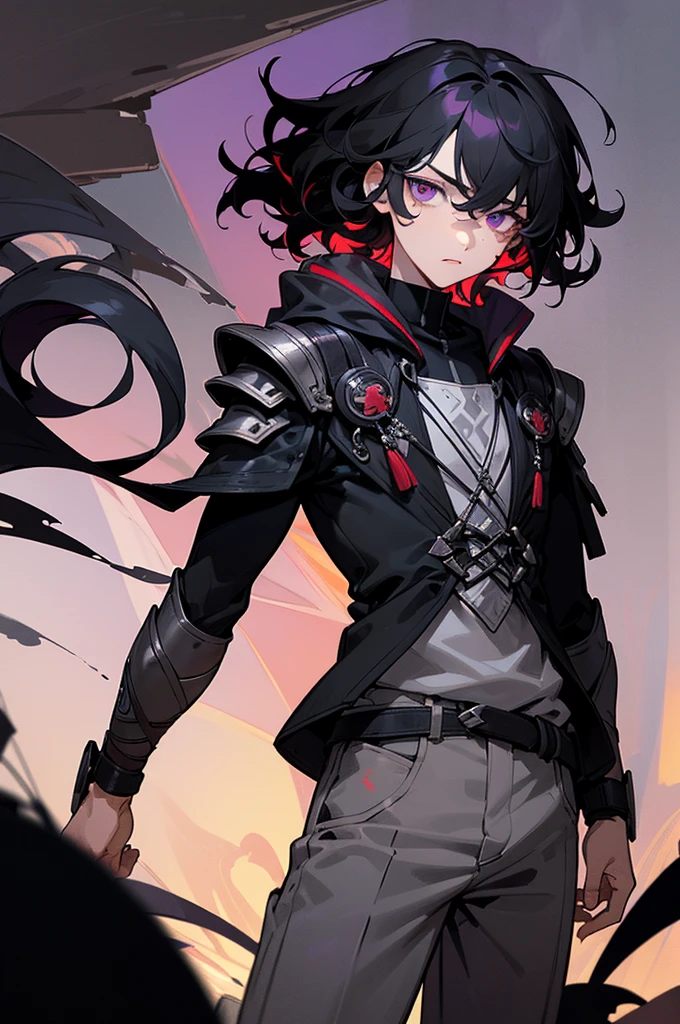 (high-quality, breathtaking),(expressive eyes, perfect face) 1male, male , solo, ager, short hair length, wavy curly hair, messy hair, white and black hair color, multicolored hair, deep purple eye color, background, music, mature, haunting twilight background, armor, slightly narrow eyes, hooded jacket, shirt, pants, spy x family art style