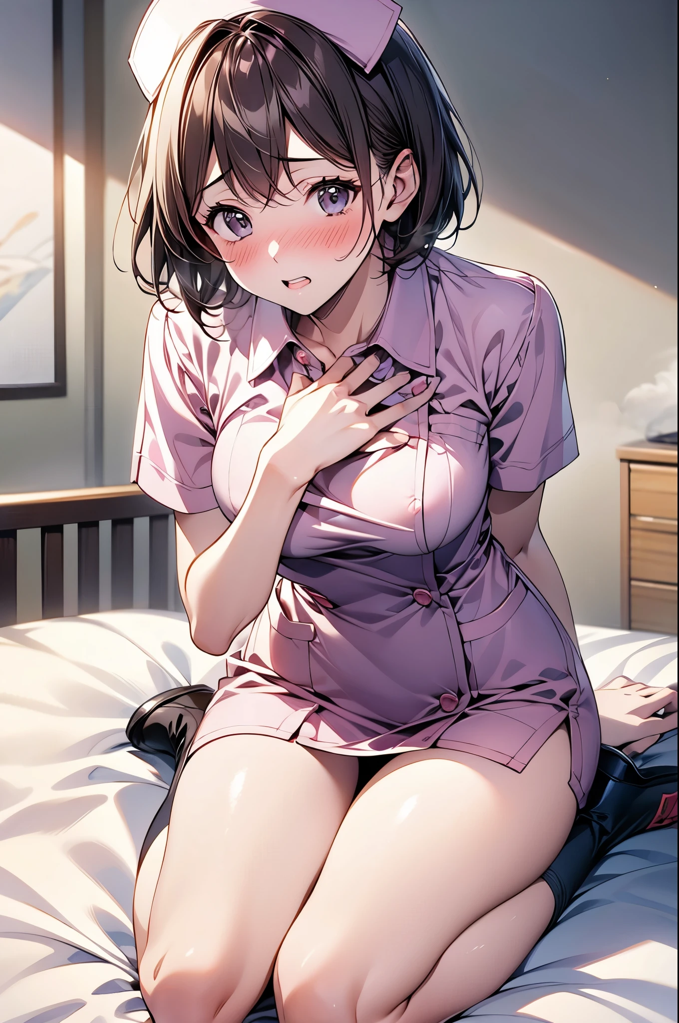 Beautiful woman, (High resolutionで美しい黒い目)、Anatomically perfect body, thin、(nurse、nurse、白いワンピースのnurse服), (Place your hand on your chest), (Look down:1.3)、18-year-old、(Highest quality)、Black Hair, (short hair)、(8k, High resolution)、(shy:1.4)、medium breast, (steam:1.1), (embarrassed:1.3), Glossy Lips、Erect nipples、On the bed、(足がthin)、(wariza)