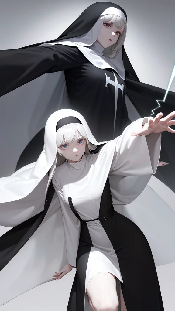 Character (mature) (hair bangs) (white long hair) (white pale skin) (black nun-style clothing) (character in dynamic pose) (perspective angle taken) (casting spell) (ethereal background)