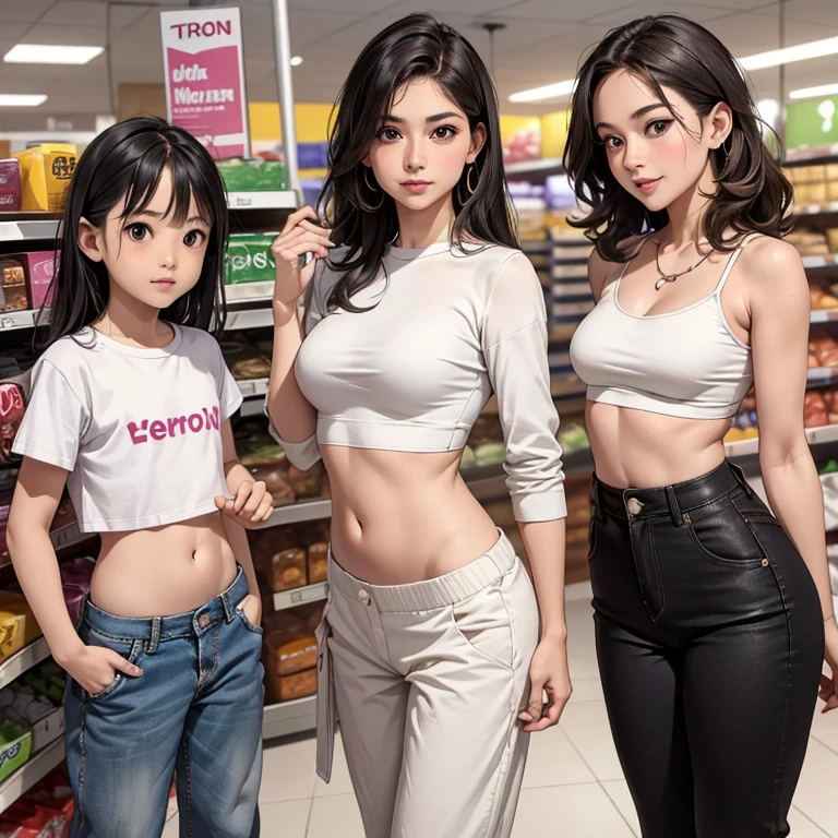 40 years-olds Womens in crop top shirt, (with her girls) , supermarket , showing navel, show belly, in supermarket, expose a lot of abdomen area around belly button, realistic bellybutton shape, very low waist pants , beautiful belly,
