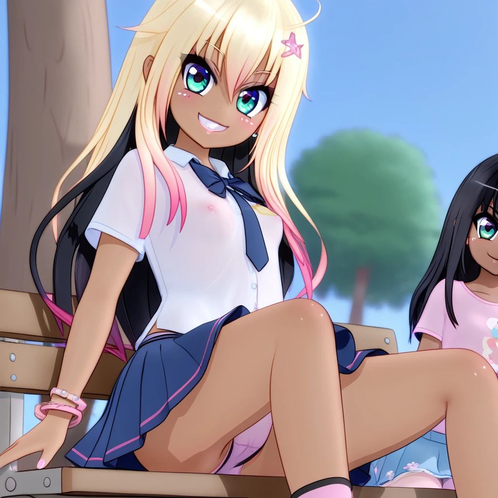 (masterpiece), best quality, highly detailed faces, (SHARP details), 4k, highly detailed, expressive eyes, SHARP detail expressive eyes, (SHARP detail perfect face), By mantis-x, gyaru, young girls, small breasts, playful smile, (black hair), sitting, (cameltoe), ((dark skin)), slutty, sitting on a bench, long hair, daytime, presenting crotch, (multiple girls), shirt, skirt, panties, thong, upskirt,