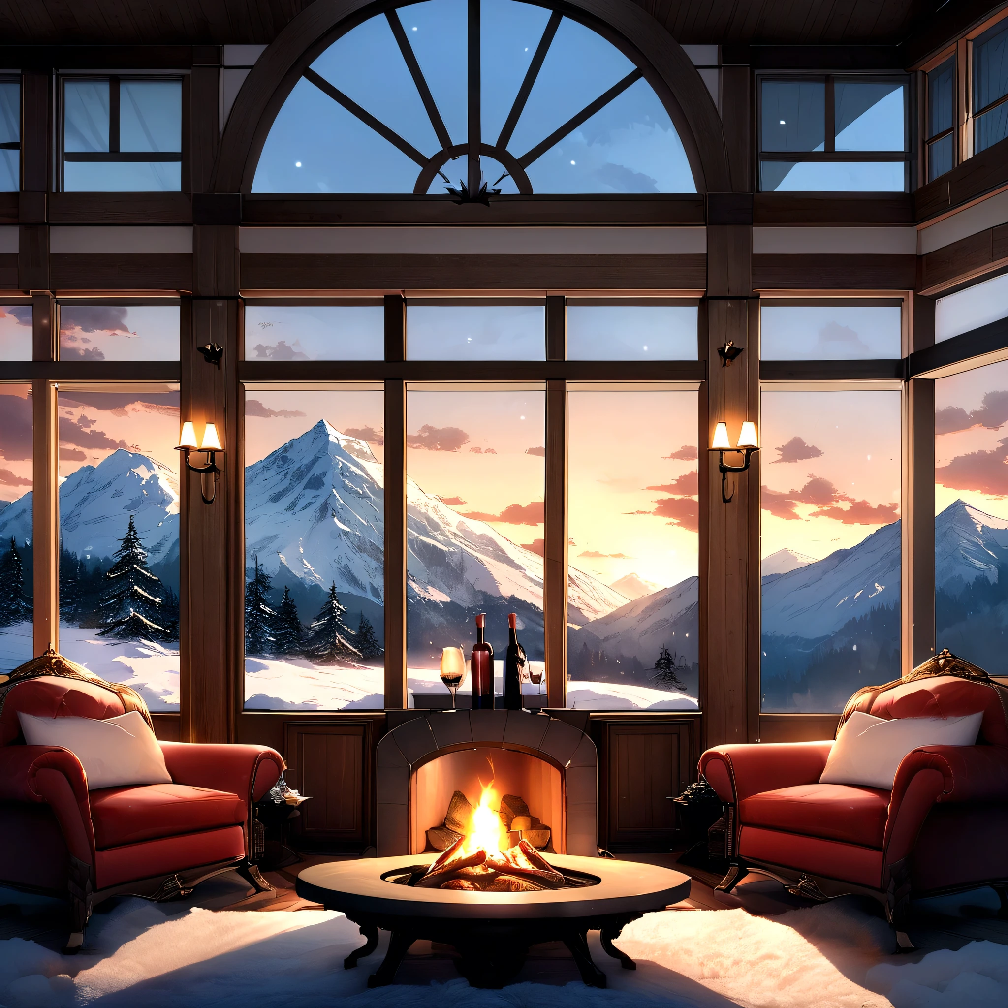 Comfortable mountain villa,Surrounded by stunning scenery, Large windows let in natural light,Enjoy panoramic views of the snow-capped mountains. The interior is decorated with comfortable furniture, A lit fireplace and a cozy atmosphere, Invites you to relax,Enjoy the tranquility of nature