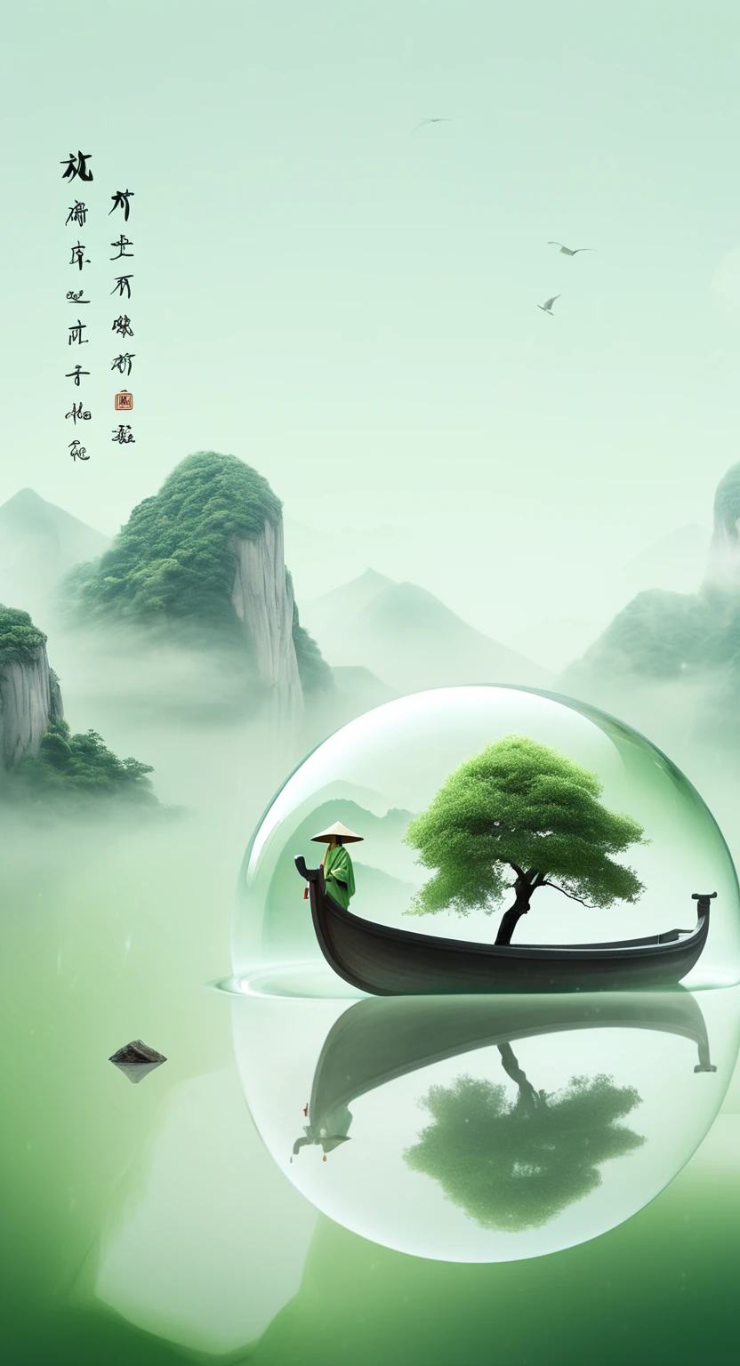 Minimalism, large areas of white space, mountain shapewater reflection, perspective aesthetics, light green, soft gradientcolors, a minimalist painting from ancient China, a  small boattransparent model, macro zoom, veil, veil material, pure whitebackground,artistic conception ink, depth of field --no black --ar，4k，Ultra HD