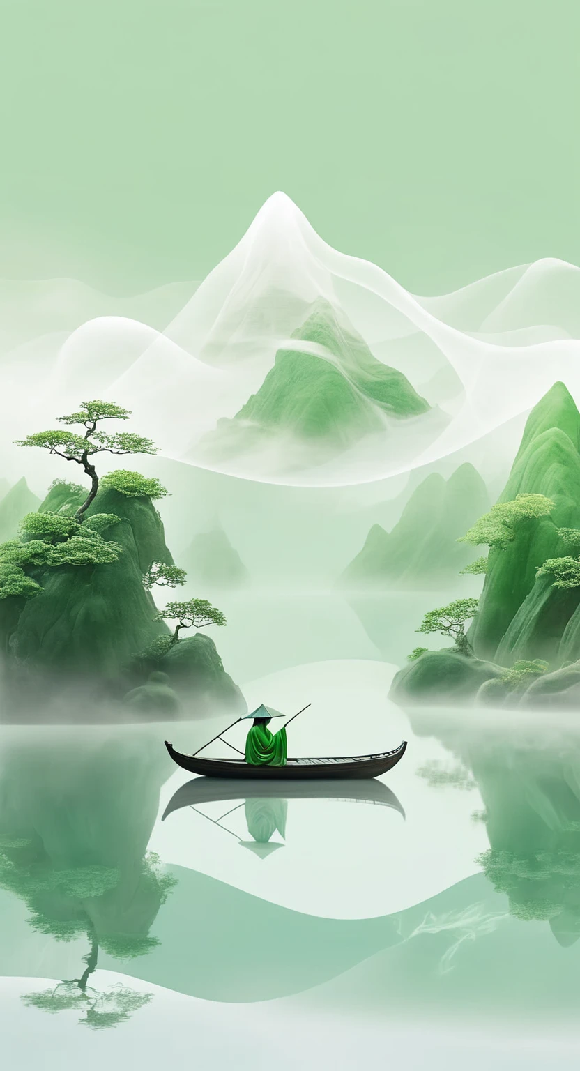 Minimalism, large areas of white space, mountain shapewater reflection, perspective aesthetics, light green, soft gradientcolors, a minimalist painting from ancient China, a  small boattransparent model, macro zoom, veil, veil material, pure whitebackground,artistic conception ink, depth of field --no black --ar，4k，Ultra HD