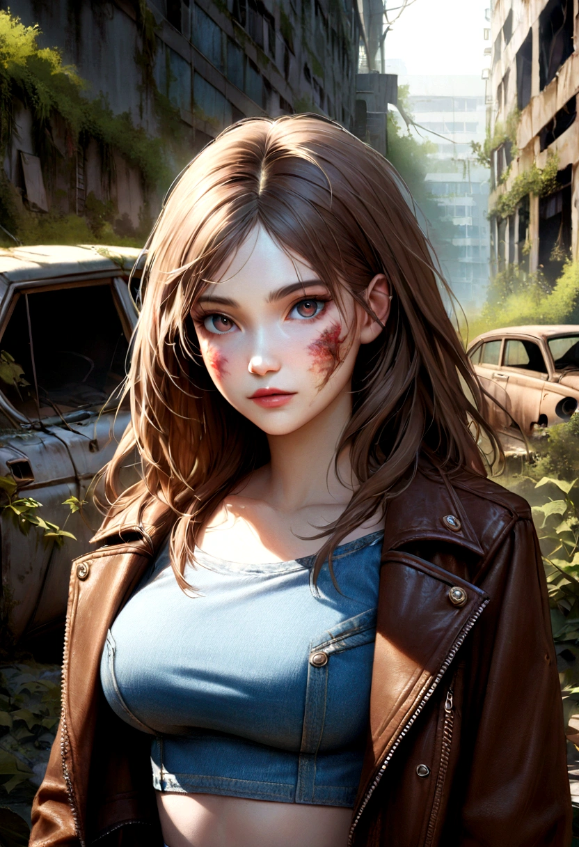 Portrait image of a young, Woman with large breasts, Dressed in a trendy denim crop top and leather jacket, posing gracefully in the middle of the desolation of a dystopian environment, filled with abandoned cars and overgrown vegetation. The photo shows off her ultra-realistic facial features in soft, diffused light, that accentuates every intricate detail