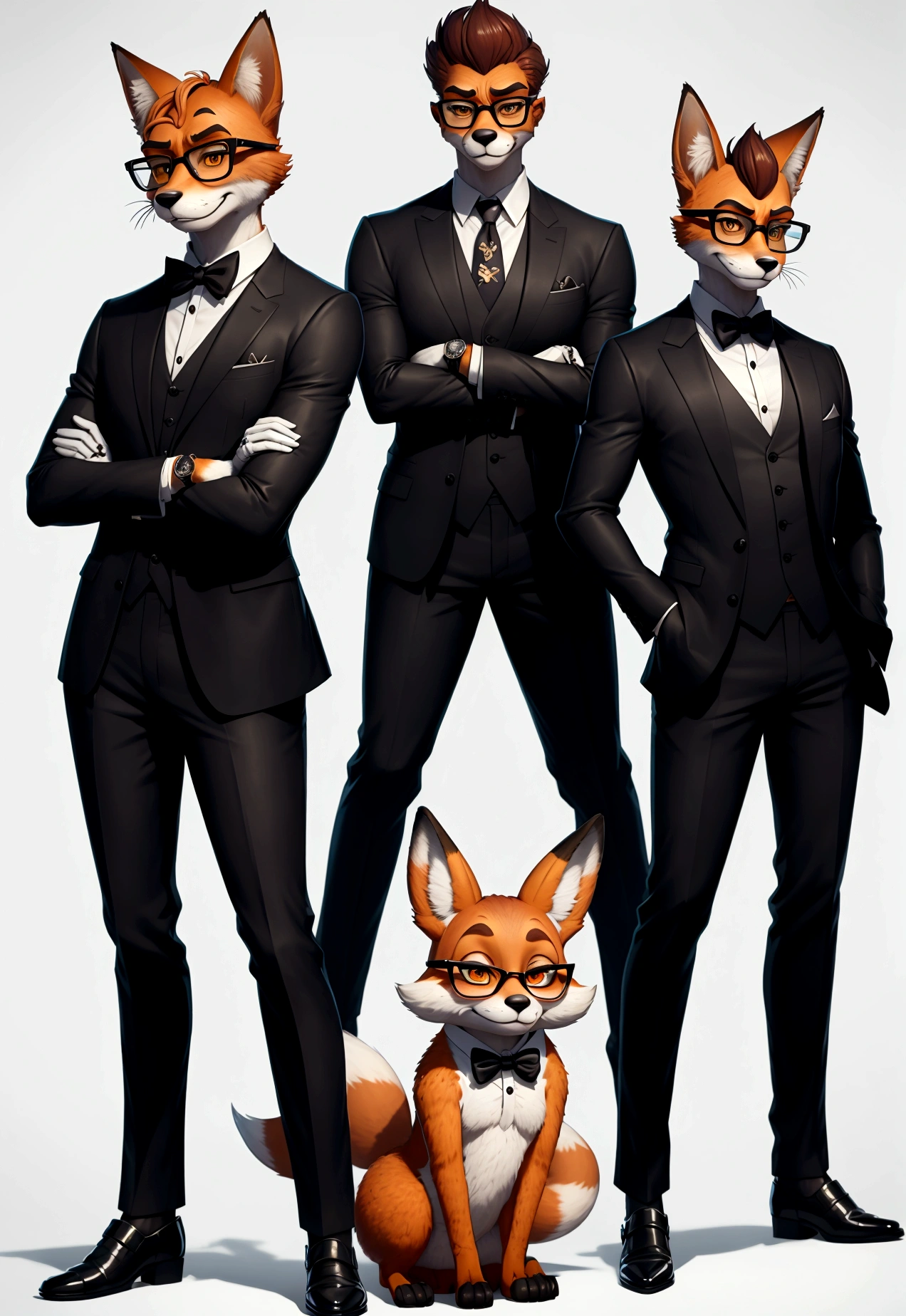 fox dressed in a suit and glasses standing with his hands in his pockets, style of zootopia, movie character, zootopia movie style, zootopia style, looking heckin cool and stylish, in style of zootopia, in style of disney zootopia, rabbt_character, fox stylized furry, anthropomorphic gangster fox, multiple poses and expressions, 4 poses, full body, white background, black sunglasses