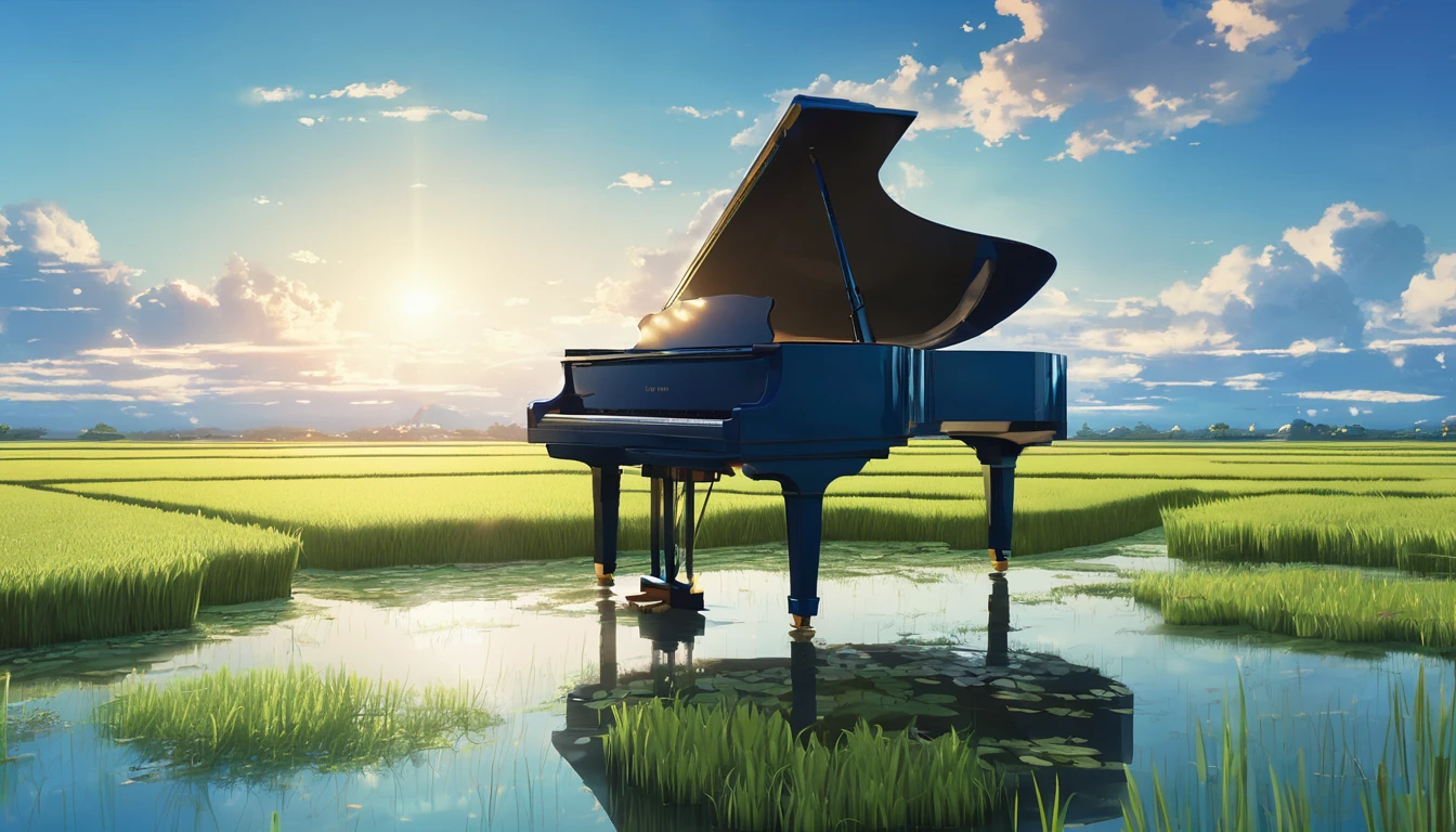 A grand piano placed on a bank in front of a Japanese rice field、The sky is a piercing blue.、Makoto Shinkai style touch、A grand piano placed on the bank in front of the rice fields、The piano is not submerged in water.