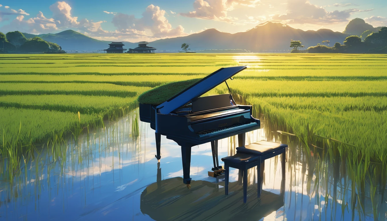 A grand piano placed on a bank in front of a Japanese rice field、The sky is a piercing blue.、Makoto Shinkai style touch、A grand piano placed on the bank in front of the rice fields、The piano is not submerged in water.
