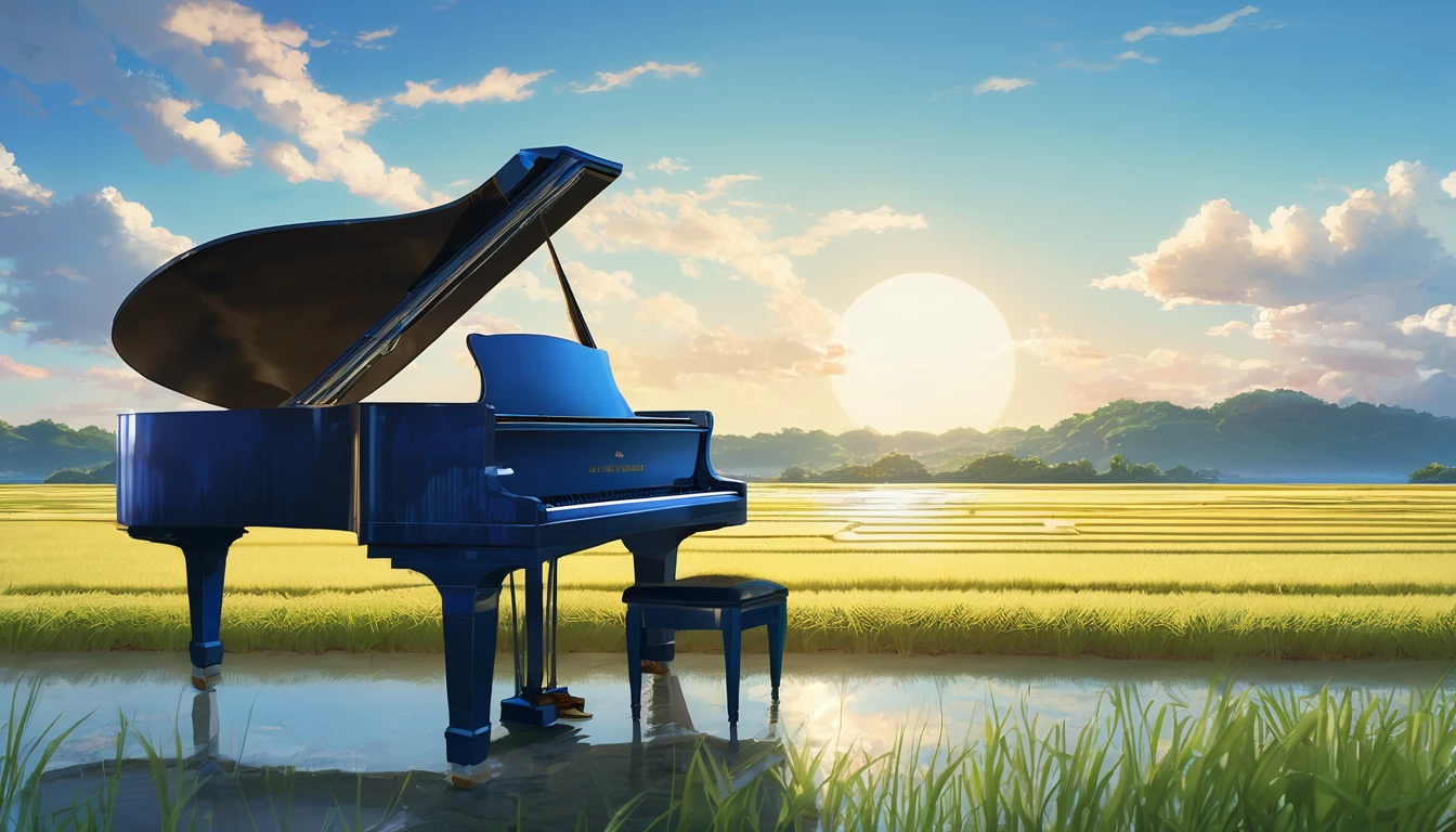 A grand piano placed on a bank in front of a Japanese rice field、The sky is a piercing blue.、Makoto Shinkai style touch、A grand piano placed on the bank in front of the rice fields、The piano is not submerged in water.