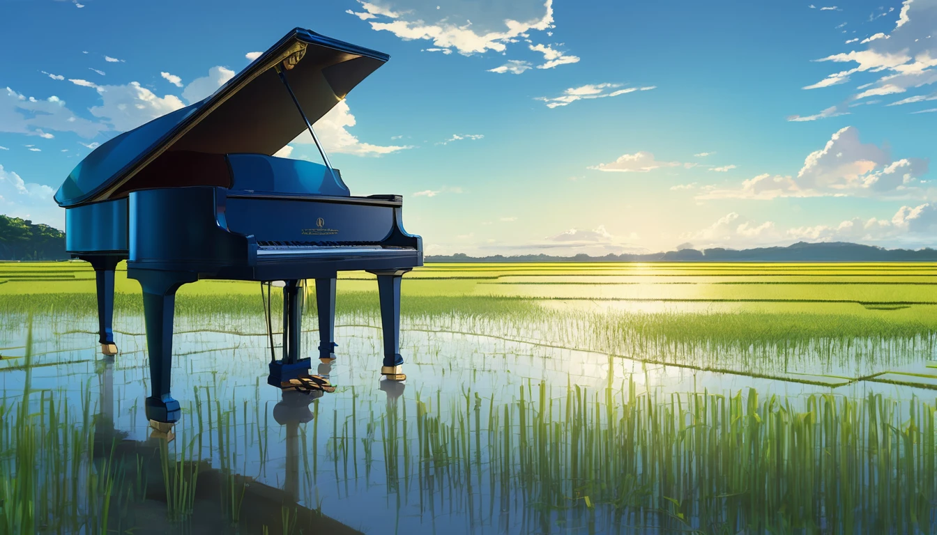 A grand piano placed on a bank in front of a Japanese rice field、The sky is a piercing blue.、Makoto Shinkai style touch、A grand piano placed on the bank in front of the rice fields、The piano is not submerged in water.