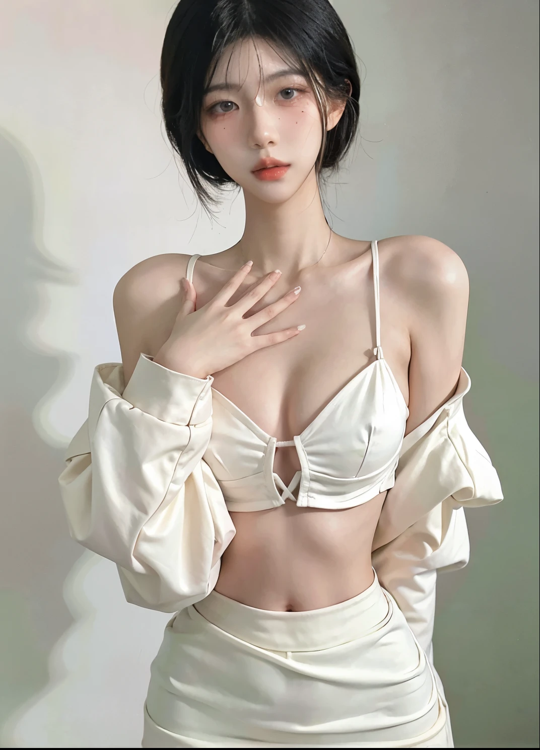Beautiful woman with perfect figure:1.4,Ultra-high resolution,White background,(lifelike:1.4),Layered Hairstyle,White skin,Bikini:1.5,Super short pleated skirt,whole body,Very delicate face and skin texture,Double eyelids,Skin Whitening,short hair,White hair