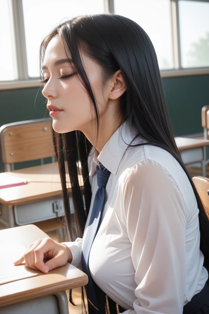 From the side, thai university uniform:1.3,Close ~ eyes:1.2,Open your mouth:1.2,Tired face:1.2,Face of Suffering:1.2,sky face:1.2,sleeping face:1.2,  masterpiece、beautiful girl、fine 目、puffy eyes、highest quality, High resolution, (reality: 1.4), Cinema Lighting,so beautiful、Beautiful Skin、(super reality)、(High resolution)、(8k)、(Very detailed)、(beautiful and fine 目)、(Very detailed)、 Detailed face、black straight long hair、20-year-old、white short-sleeve button up shirt:1.2, black tight mini skirt:1.2, metal shirt buttons:1.2, in the dark classroom:1.2, face the ceiling:1.2, dark tone:1.2, medium close up:1.2, hide both hands between legs:1.2