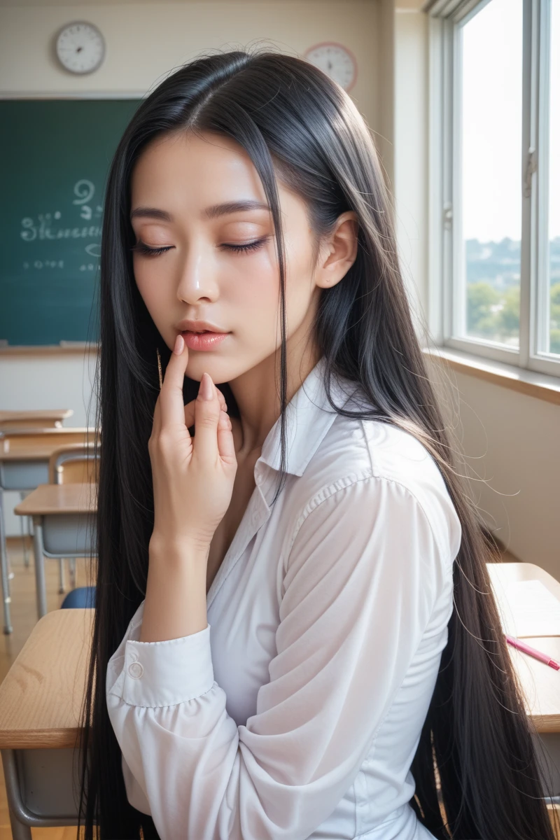 ,score_9,score_8_superior,score_7_superior, 20-year-old, 8k, High resolution, beautiful girl, Black Hair, Very long hair, Straight hair, Mouth closed,
One girl, Detailed face, Beautiful woman face, , classroom, View your viewers,
