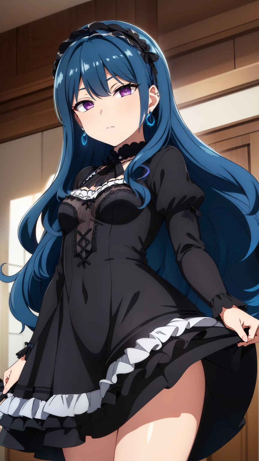 (masterpiece, best quality, high resolution, 8k:1.2),anime art style, nozaki yuu,anime, girl１people, small breasts, (narrowed eyes, eyes half-closed, jitome, rolling eyes :1.2),(eye light: 1.2),closed mouth, blue hair, very long hair, (wavy hair:1.2), purple eyes, beautiful eyes, highly detailed face, Detailed CG, expressionless, solo,((Gothic ****ta fashion, black dress, headband, earrings)), standing, looking at the viewer, in the center of the image, dynamic poses, dynamic angles,