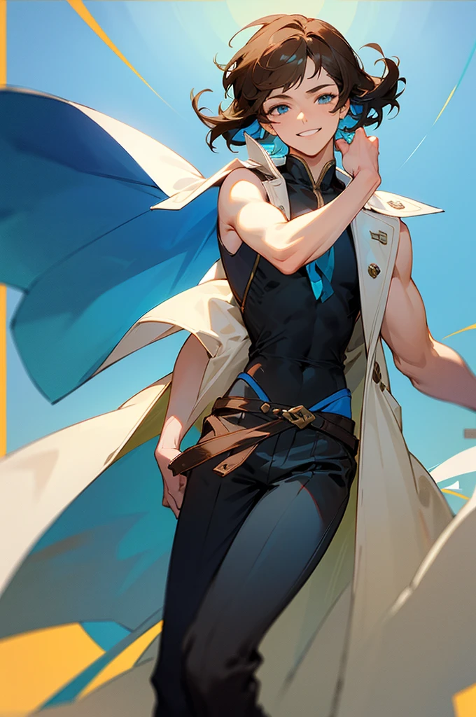 An adult boy,brunette color hair,Three and seven points of hair,blue color eyes,Delicate face,Black sleeveless,Off-white coat,Crop topping,shorter pants,INS wind,Stockings,Boho,aj,grinning smile,Waved with his left hand,A masterpiece,4k