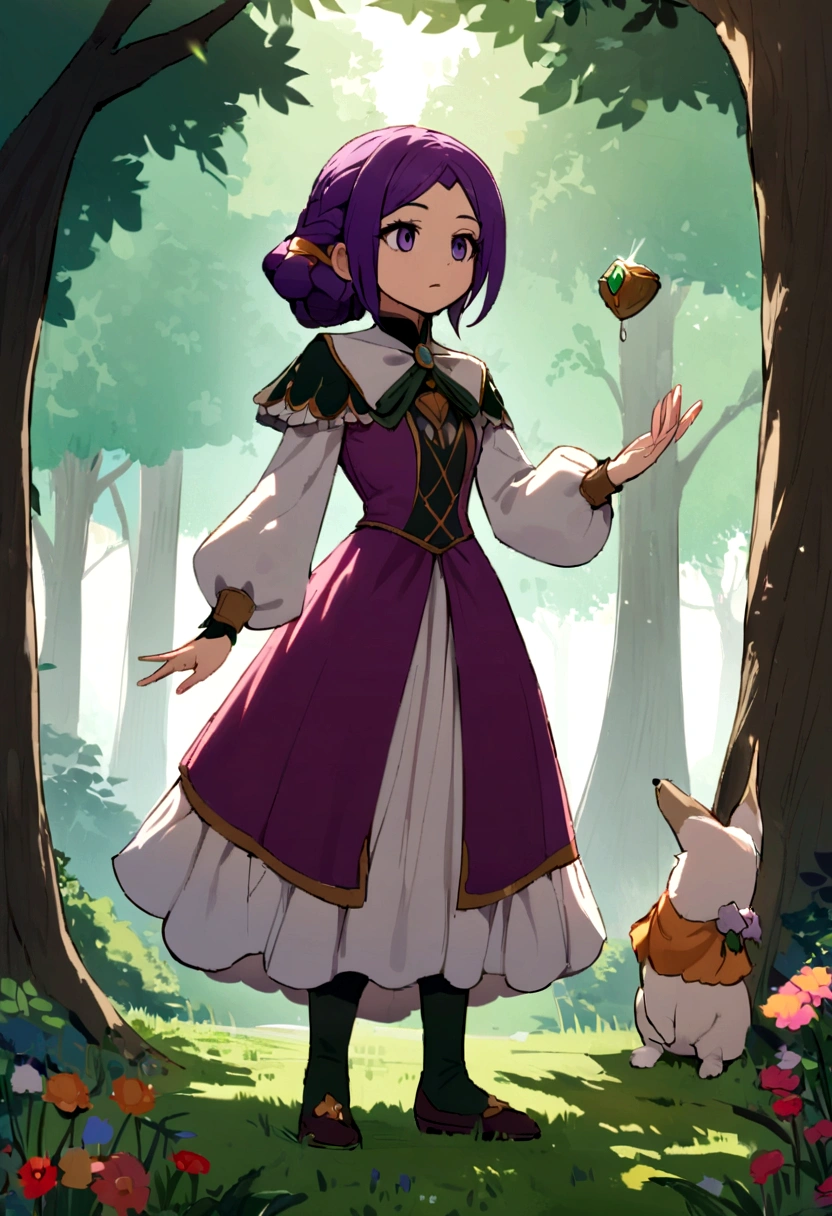 a princesa de cabelo roxo sai para passear em um bosque na floresta, and finds an object falling from the sky