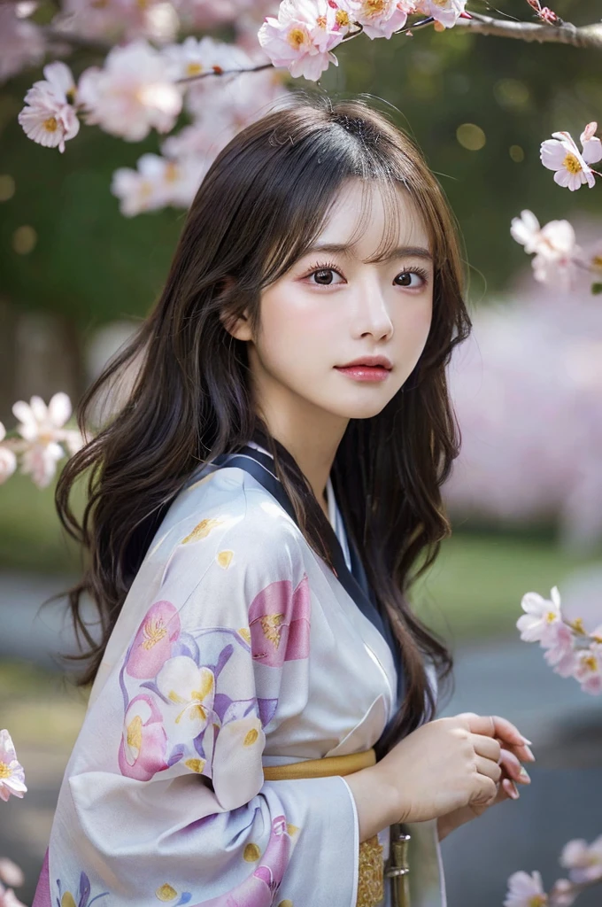 (Kimono)、Petals reflect light、(flower petals:1.4)、(Hair swaying in the wind:1.4)、(top-quality,masterpiece:1.3,超A high resolution,),(ultra-detailliert,Caustics),(Photorealsitic:1.4,RAW shooting,)Ultra-realistic capture,A highly detailed,high-definition16Kfor human skin、 Skin texture is natural、、The skin looks healthy with an even tone、 Use natural light and color,One Woman,japanes,,kawaii,A dark-haired,Middle hair,(depth of fields、chromatic abberation、、Wide range of lighting、Natural Shading、)、