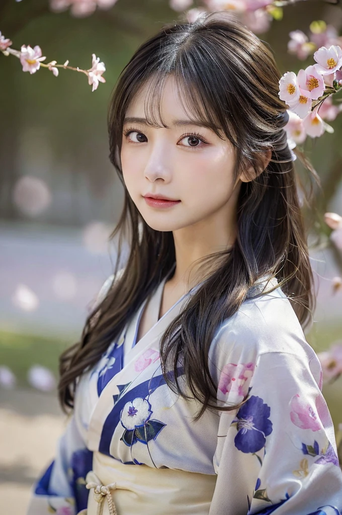 (Kimono)、Petals reflect light、(flower petals:1.4)、(Hair swaying in the wind:1.4)、(top-quality,masterpiece:1.3,超A high resolution,),(ultra-detailliert,Caustics),(Photorealsitic:1.4,RAW shooting,)Ultra-realistic capture,A highly detailed,high-definition16Kfor human skin、 Skin texture is natural、、The skin looks healthy with an even tone、 Use natural light and color,One Woman,japanes,,kawaii,A dark-haired,Middle hair,(depth of fields、chromatic abberation、、Wide range of lighting、Natural Shading、)、