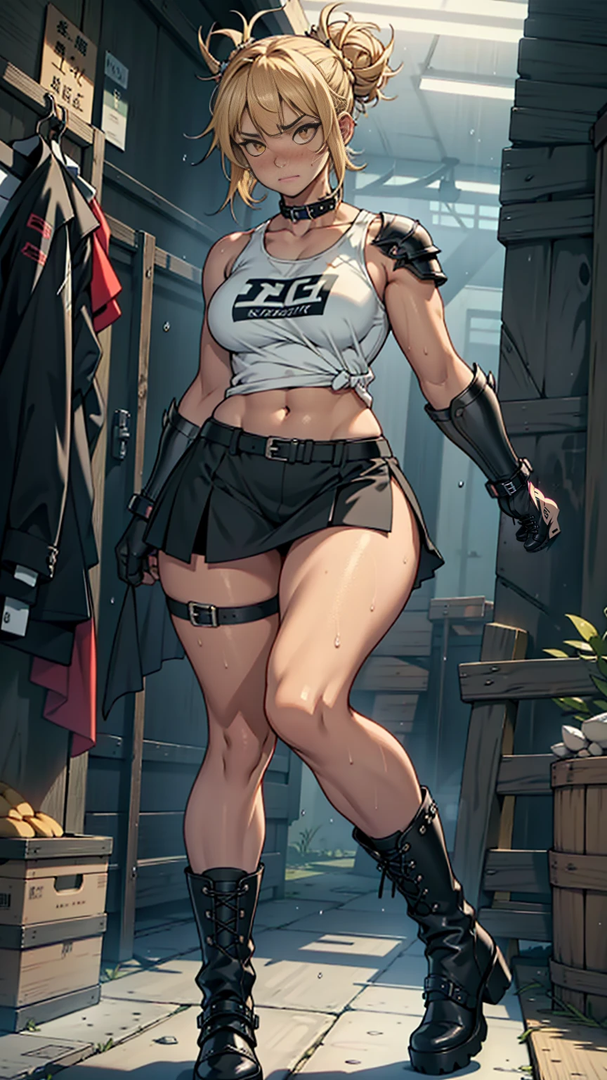 Himiko Toga, 1girl, she's wet, shocked facial expression, Short blond hair, short messy hair buns, wet hair, from underneith,（（tmasterpiece），（Very detailed CG unity 8K wallpaper），best qualtiy，，report，1girll，cinmatic lighting，detailed back ground，beatiful detailed eyeright pupils，（Very fine and beautiful），（Beautiful and detailed eye description），ultra - detailed，tmasterpiece，）），facing at camera，Protruding underparts，Camel toes，absurderes，A high resolution，ultra - detailed），she  soaking wet，1girll，report，mature，（very long hair，brunette color hair）Emotive expressioniting, bulge，Camel toes，Protruding，Colorful，Most detailed，exteriorully body photo, beautiful eyes, perfect eyes, perfect face, (yellow eyes:1), muscular, bedroom, sexy, round blush, massive huge , black tank top, black skirt, red hankercheif on neck, 25 years old, full body, tall, skinny huge  thicc hips good hands 1k ((punk glows punk boots black lipstick)) lewd sexy ((armor))