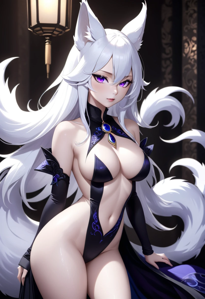 a beautiful white kitsune, purple eyes, blue big breasts, slim waist, wearing black masochism outfit, detailed portrait, intricate details, chiaroscuro lighting, dramatic lighting, dark fantasy, mystical, elegant, sensual, long white but pointed tail black, highres,  realistic, photorealistic, anime style