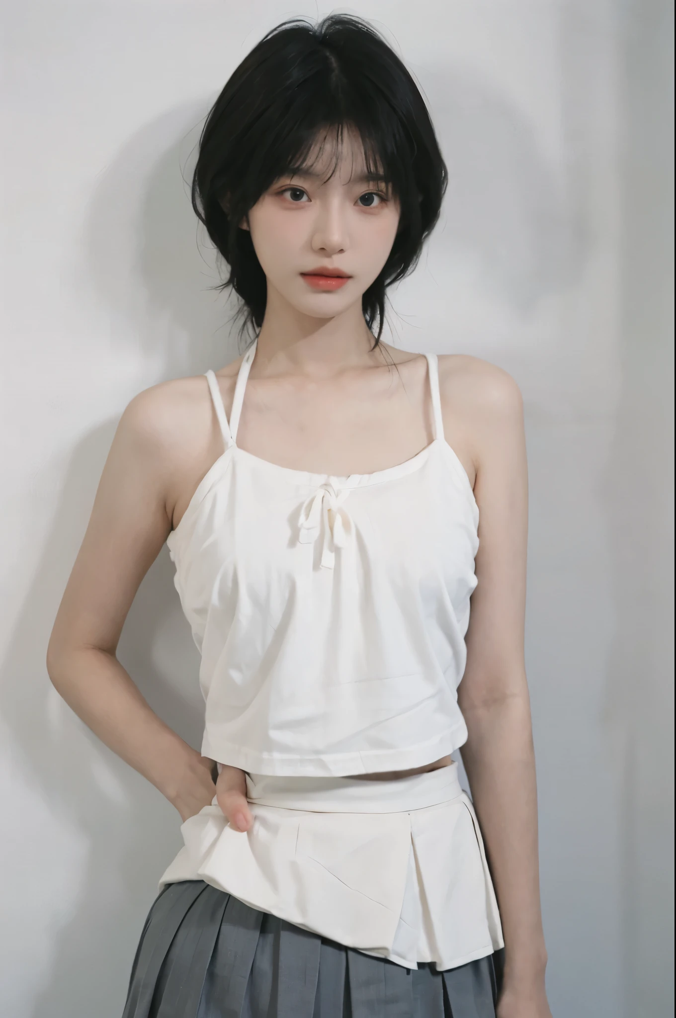 Beautiful woman with perfect figure:1.4,Ultra-high resolution,White background,(lifelike:1.4),Layered Hairstyle,White skin,Bikini:1.5,Super short pleated skirt,whole body,Very delicate face and skin texture,Double eyelids,Skin Whitening,short hair,White hair