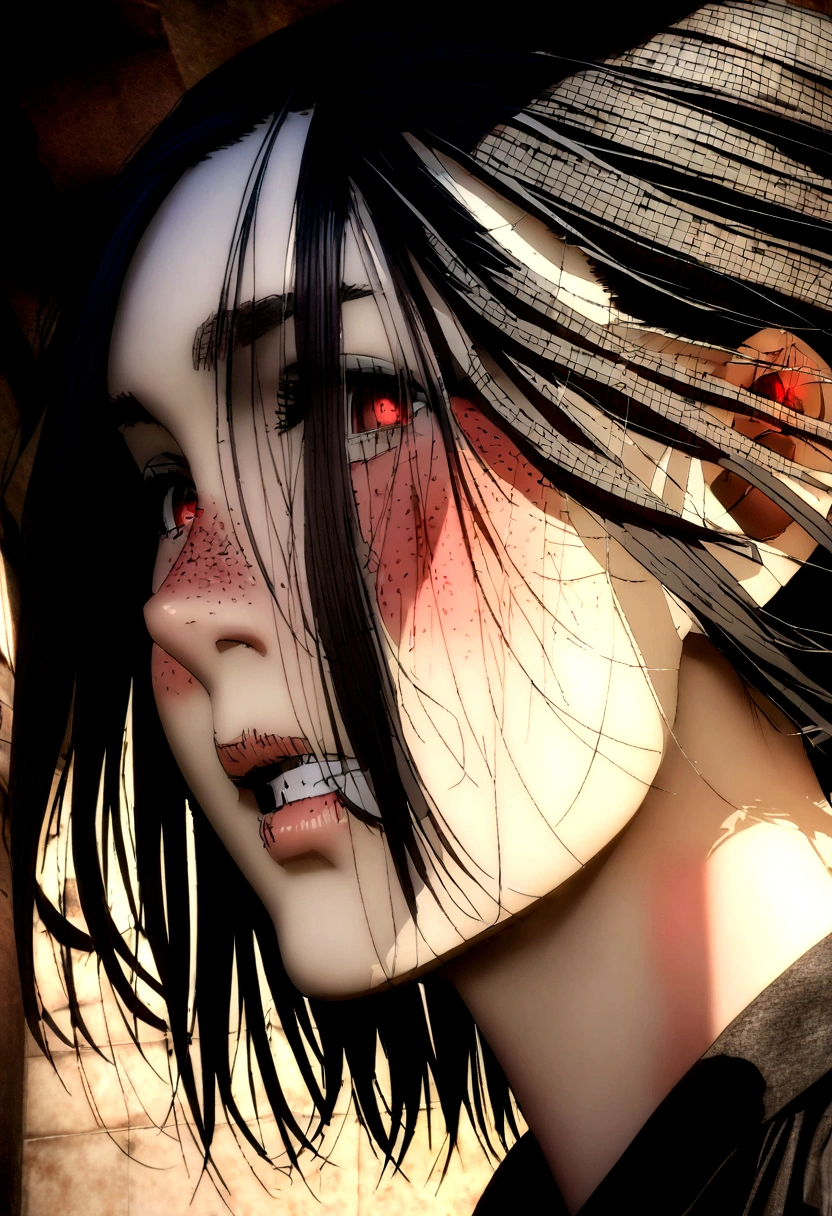 there is a woman with black hair and red eyes, with glowing red eyes, character close up, 3D anime realistic, character close up, work in Guweiz style, intense watery glowing red eyes, with red glowing eyes, Photorealistic render of an anime girl, character close up, highly detailed angry anime face, !Dramatic !face