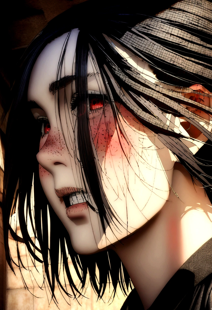 there is a woman with black hair and red eyes, with glowing red eyes, character close up, 3D anime realistic, character close up, work in Guweiz style, intense watery glowing red eyes, with red glowing eyes, Photorealistic render of an anime girl, character close up, highly detailed angry anime face, !Dramatic !face