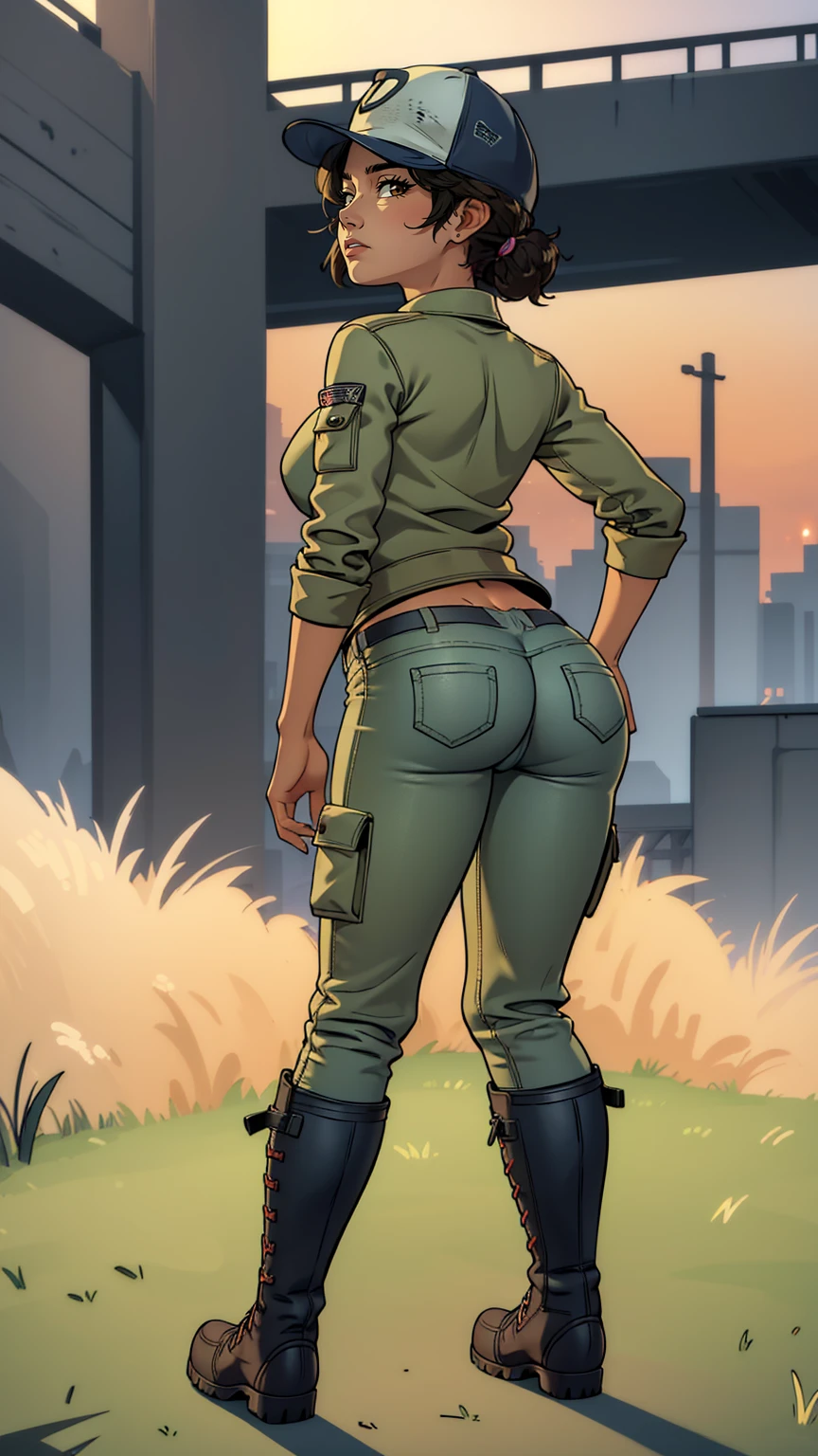 ((masterpiece, best quality)),(complex lighting) ,solo,(((1girl))) ,clementine, light skin,light-skinned female, baseball cap, green cargo pants, brown eyes, tight pants, combat boots, shirt, short hair, one short ponytail, open denim jacket, huge butt, thicc butt , (((8k))), (((full body))), (((bent over))), (((looking at the viewer))), (((butt visible))), cameltoe