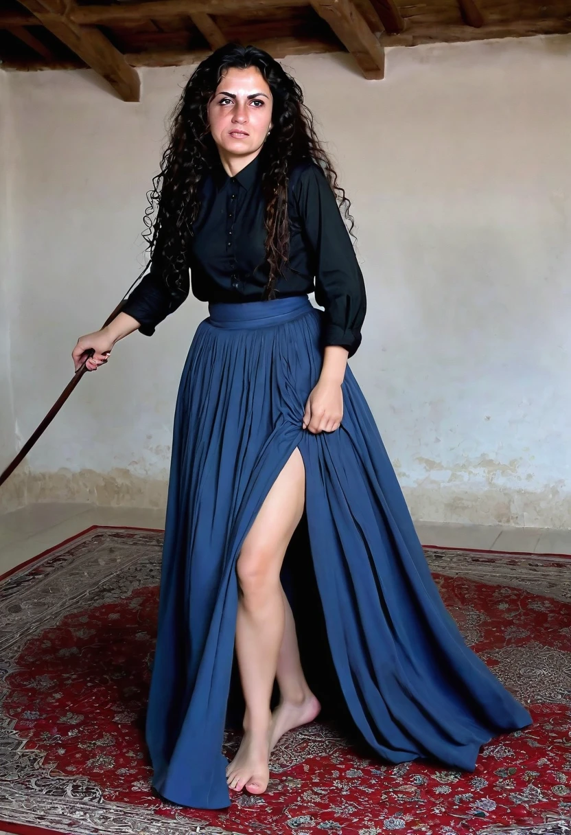 ((slaps)), ((they pull her hair)), ((pissing)), ((Islamic)), ((slap on the ass)), ((lying on the carpet)) Forty-year-old Afghan woman, she and the others have been whipped 100 times after she was caught at a party with men and more women, She has long curly hair, weeping disconsolately, her father punishes her by locking her in the barn, she wears a large long skirt and a half-banked blouse, as she is in pain from the whipping. Whip marks all over her body.