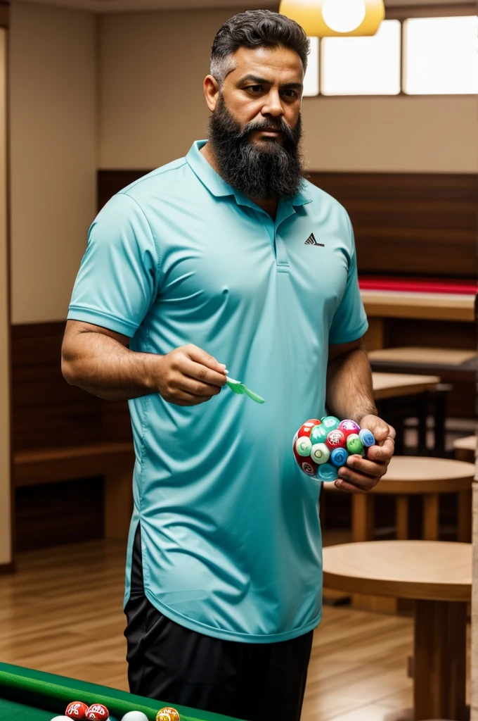Hombre obeso calvo con barba vestido sport jugando billar enviando saludo dia del padre con un vaso en la mano y globo de corazon