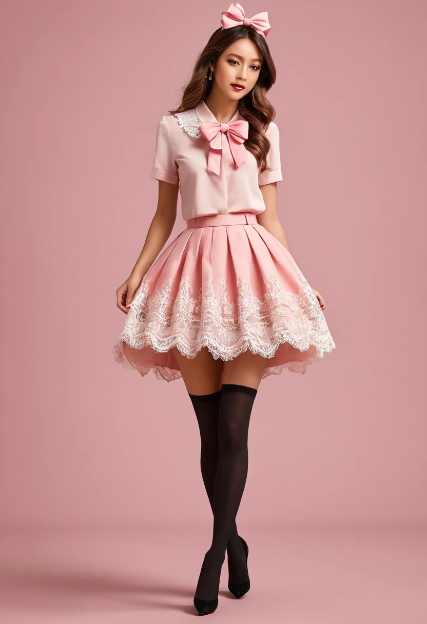 At the top of the stairs,Peek into the skirt from below,Long skirt,Long skirtをめくる,(((turn around))),Hold the skirt with your hands,Pink Panties