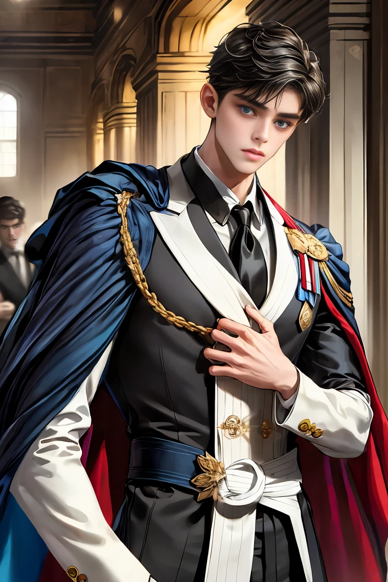 
masterpiece, 最high quality, high quality, 1 boy, alone, Male focus, Watching the audience,  Messy black hair, Adorable big blue eyes, White people, Noble, Noble,Sexy voluminous cape、Tuxedo、A very voluminous, large, very large, very large, long, long red and black cape with a high stand-up collar, reaching down to the floor, made of a lot of fabric., 17 years old,Cute beautiful boys,Cute, cute, kind, handsome guy