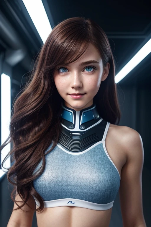  robo girl, beautiful big striking blue eyes, delicate black eyebrows, rosy cheeks, red lips, smiling face very white skin, long wavy orange hair cascading around her face and shoulders, detailed eyelashes, photorealistic cyberpunk style, perfectly focused, creamy smooth complexion, beautifully lit by soft diffused studio lights, extremely fine details, finely textured skin and hair full head to toe photo, wearing sport leggings, cyberpunk, 🤖 