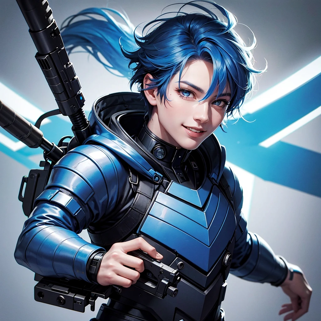 Cyborg boy with blue fiery hair with a gun and a beautiful smile