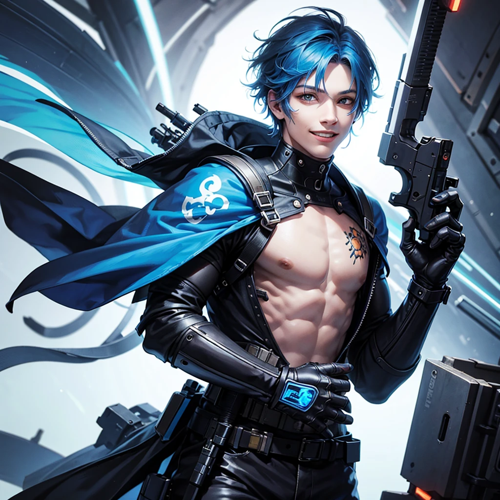 Cyborg boy with blue fiery hair with a gun and a beautiful smile 