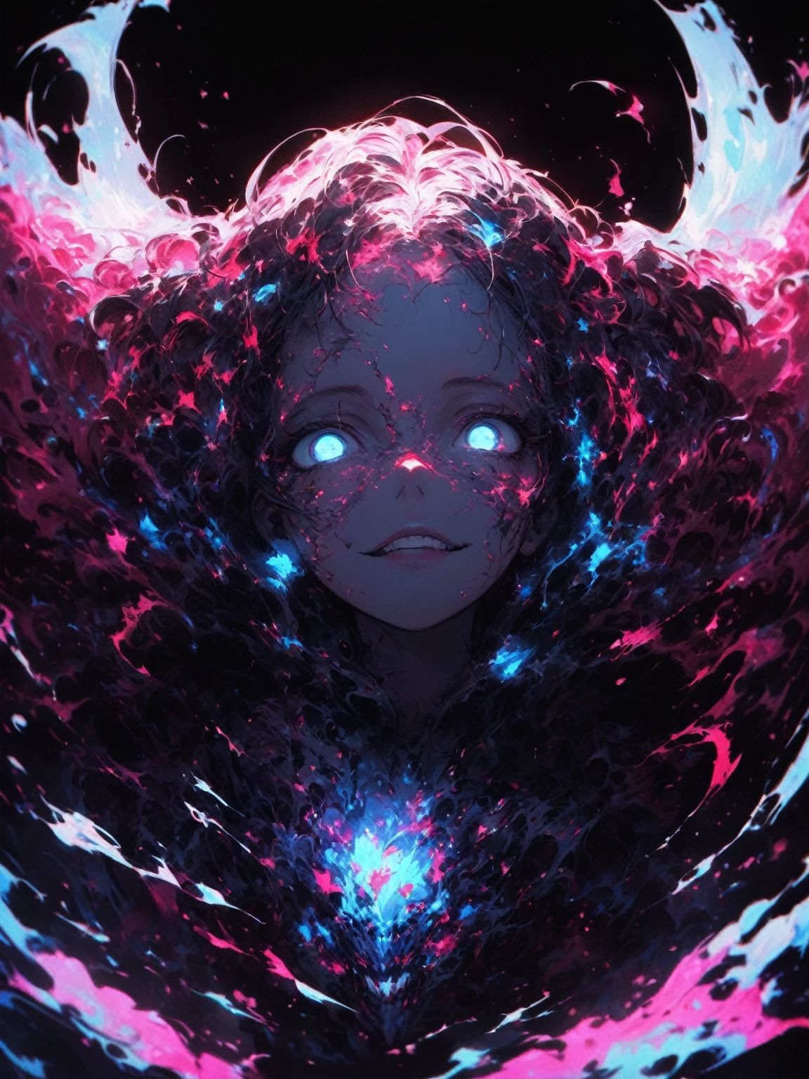 a portrait of a monster girl with a wide, sly smile with all of her pitch-black eyes facing upwards, scary , ultra wide-angle, Grainy , mysterious color , infrared lighting . Super detailed, photorealistic, splattered, spattered , cinematic light , black background , Cycles render, intricate artwork masterpiece , dreamy, glowing, backlit, glamour, vibrant, ultra high quality model, 4K