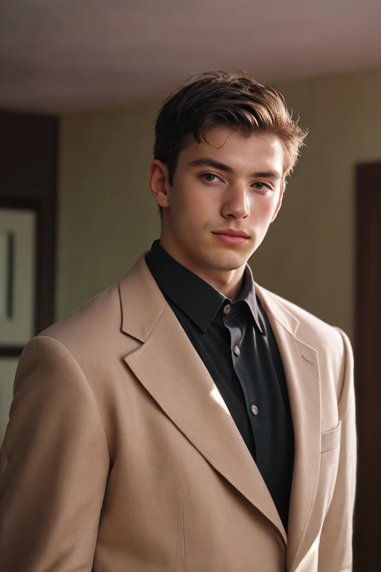 Handsome man portrait, Shoot with Leica, shadow play, Gorgeous lighting, Subtle pastel tones, indoor ,Solitary，Wearing a black shirt，Light brown suit
