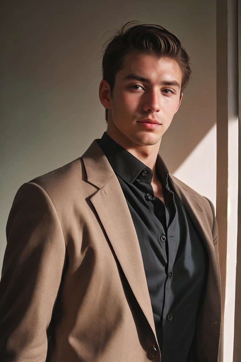 Handsome man portrait, Shoot with Leica, shadow play, Gorgeous lighting, Subtle pastel tones, indoor ,Solitary，Wearing a black shirt，Light brown suit
